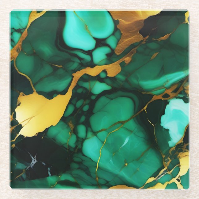 Posavasos De Vidrio Moda Elegante verde oscuro dorado Faux Marble (Anverso)