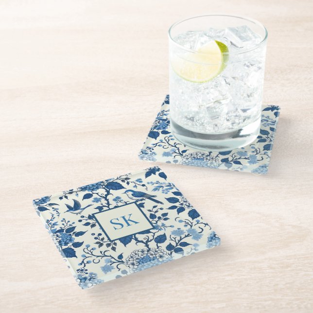 Posavasos De Vidrio Moda personalizado Monogram Chinoiserie, Hydrangea (Angular)