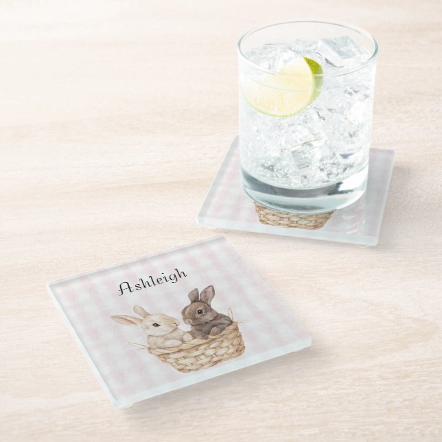 Posavasos De Vidrio Moda Pink Plaid Stripes Bunnies en una canasta Pas (Angular)
