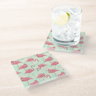 Posavasos De Vidrio Moda Preppy Patrón Elegante Flamingo Rosa