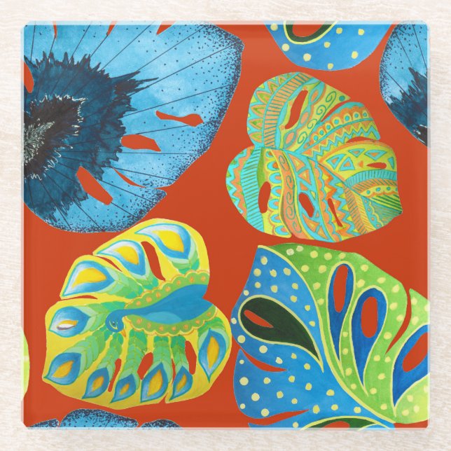 Posavasos De Vidrio Moda Tropical: Patrón de Leafy sin Marea. (Anverso)
