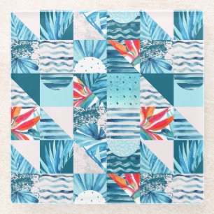 Posavasos De Vidrio Modelo abstracto geométrico verde azulado tropical