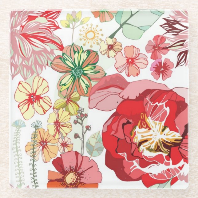 Posavasos De Vidrio Modelo con las flores rojas (Anverso)