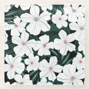 Posavasos De Vidrio Modelo de flores tropical blanco