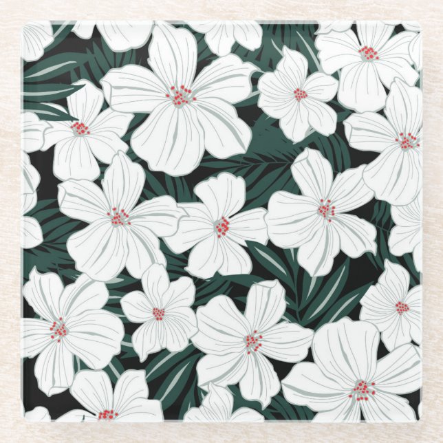 Posavasos De Vidrio Modelo de flores tropical blanco (Anverso)