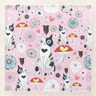 Posavasos De Vidrio modelo de gatos y de flores