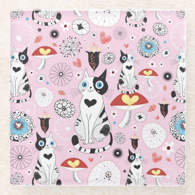 Posavasos De Vidrio modelo de gatos y de flores (Anverso)