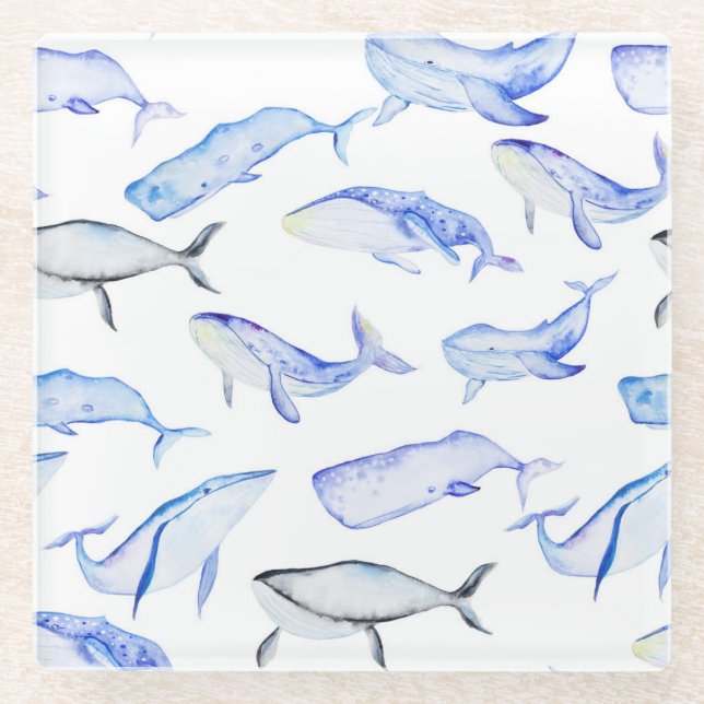 Posavasos De Vidrio Modelo de la ballena azul de la acuarela (Anverso)