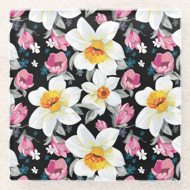 Posavasos De Vidrio Modelo de la elegancia con las flores del narciso (Anverso)