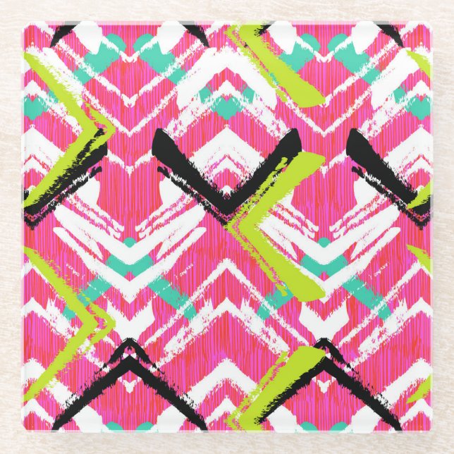 Posavasos De Vidrio Modelo de zigzag rosado dibujado mano (Anverso)
