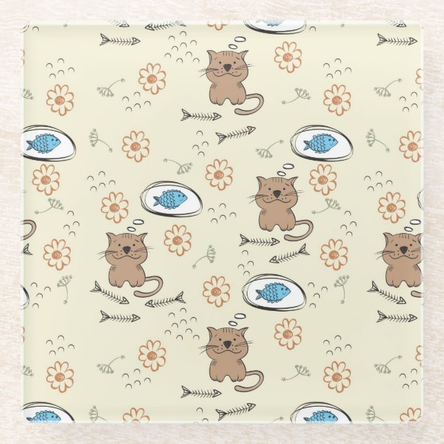 Posavasos De Vidrio modelo del gato y de los pescados (Anverso)