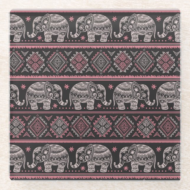 Posavasos De Vidrio Modelo étnico negro del elefante (Anverso)