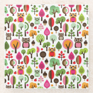 Posavasos De Vidrio modelo retro del búho del árbol rosado de la hoj