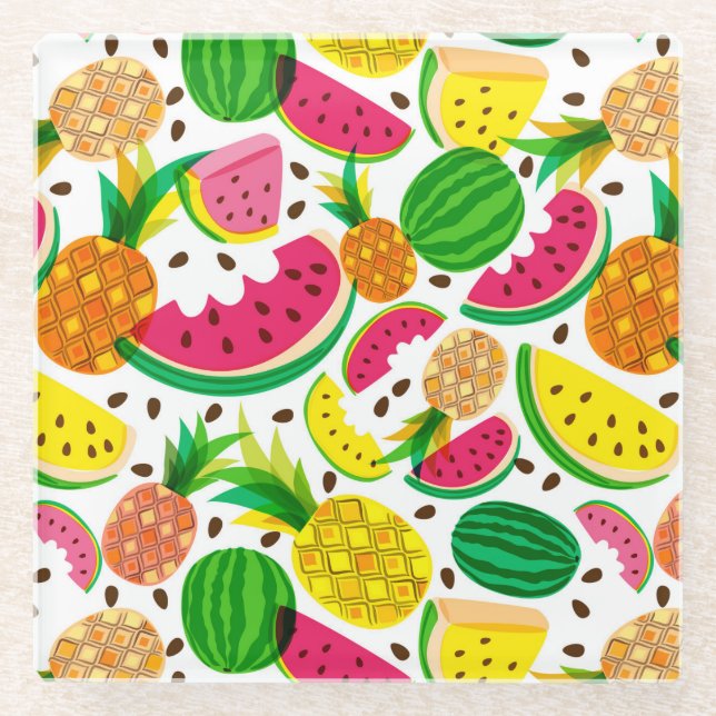 Posavasos De Vidrio Modelo rojo y amarillo de la fruta tropical (Anverso)