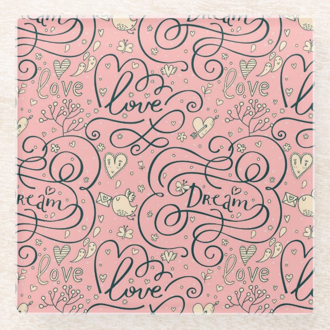 Posavasos De Vidrio Modelo romántico con los corazones y los pájaros (Anverso)