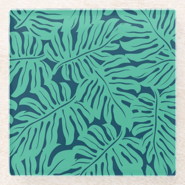 Posavasos De Vidrio Modelo tropical de la hoja de Monstera (Anverso)