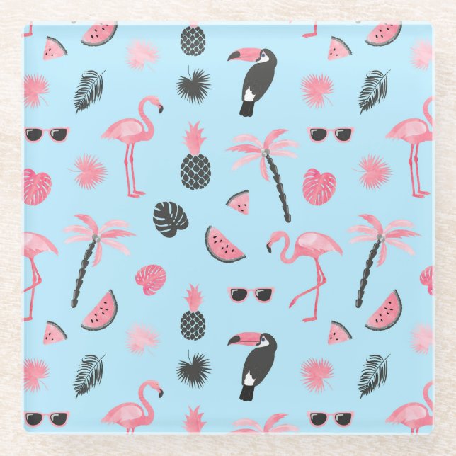 Posavasos De Vidrio Modelo tropical del verano rosado y azul (Anverso)