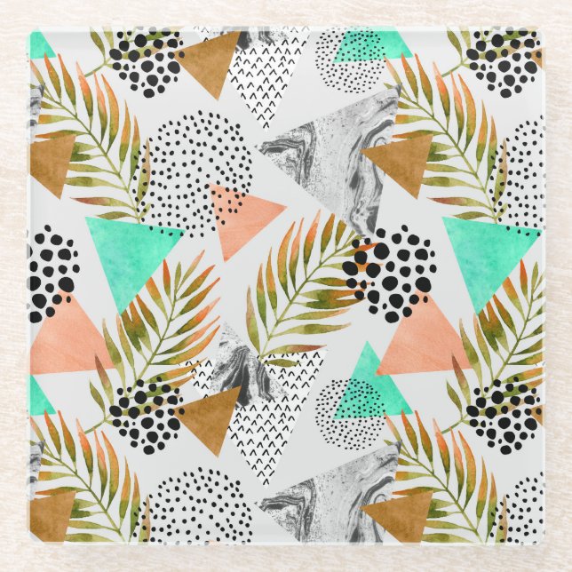 Posavasos De Vidrio Modelo tropical geométrico abstracto de la hoja (Anverso)