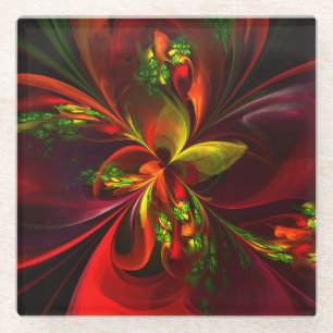 Posavasos De Vidrio Modern Red Green Floral Abstract Art Pattern #05