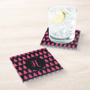 Posavasos De Vidrio Moderna Fuchsia y Black Christmas Tree Monograma G