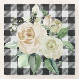 Posavasos De Vidrio Moderna granja Black White Buffalo Plaid Floral