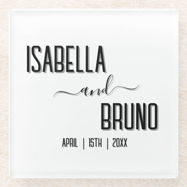 Posavasos De Vidrio Moderno, elegante Boda de texto negro personalizad (Anverso)