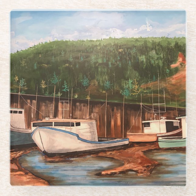 Posavasos De Vidrio Moderno pueblo pesquero Browns y Greens (Anverso)