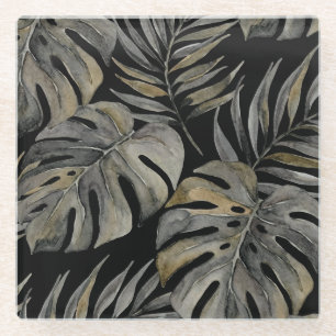 Posavasos De Vidrio Moku Island Hawaiian Watercolor Monstera- Negro