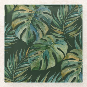 Posavasos De Vidrio Moku Island Monstera Acuarela Hawaiana - Verde