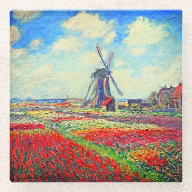 Posavasos De Vidrio Molino de viento Monet Tulips (Anverso)