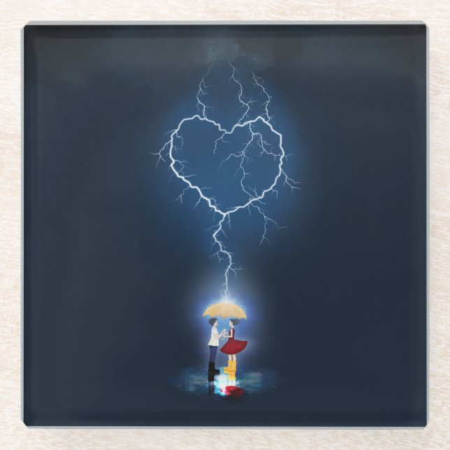 Posavasos De Vidrio Momento romántico "amoroso" bajo un paraguas (Anverso)