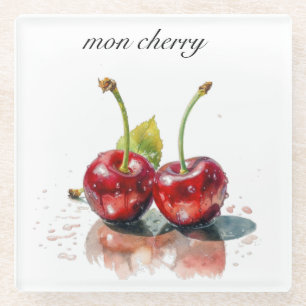 Posavasos De Vidrio Mon Cherry, dos cerezas acuarela personalizable