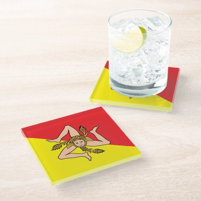 Posavasos De Vidrio Monasterio de vidrio con bandera de Sicilia, Itali (Angular)