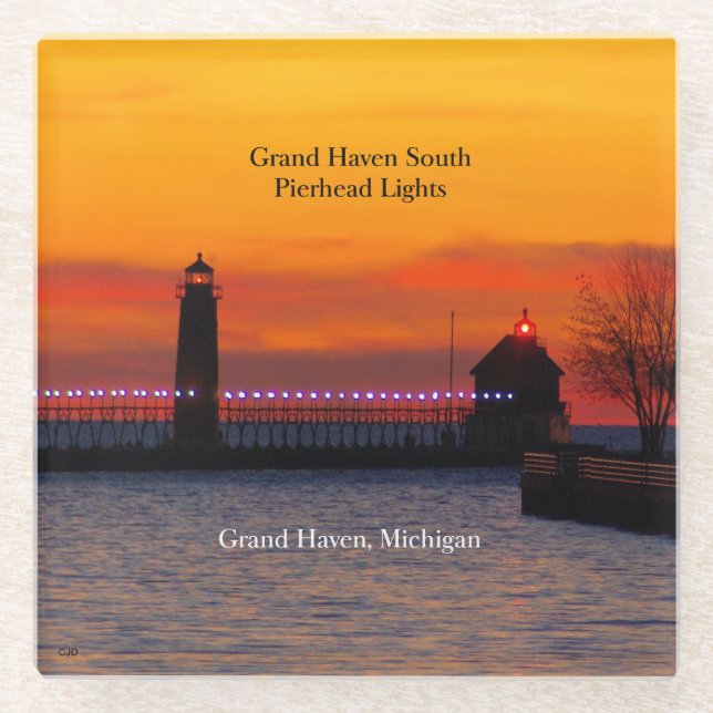 Posavasos De Vidrio Monastre de atardecer de las luces de Grand Haven  (Anverso)