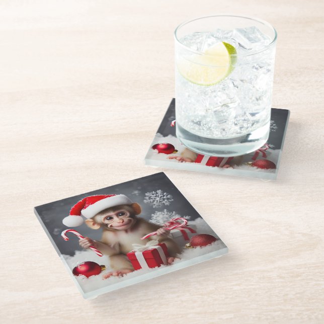 Posavasos De Vidrio Mono lindo con sombrero de Santa (Angular)