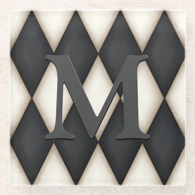 Posavasos De Vidrio Monograma 3-D elegante con arlequín blanco y negro (Anverso)