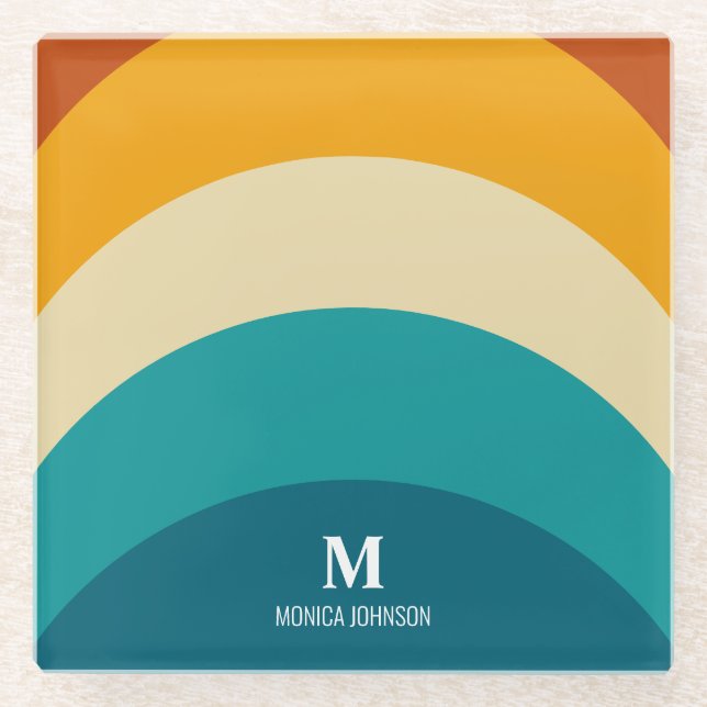 Posavasos De Vidrio Monograma arcoiris Nombre personalizado Retro Traz (Anverso)