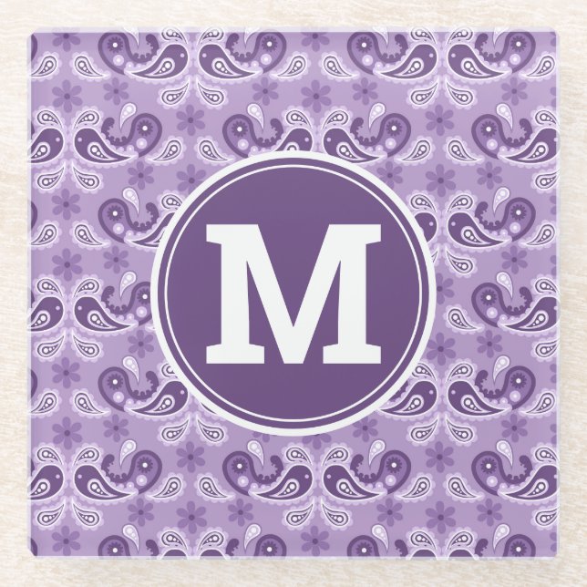 Posavasos De Vidrio Monograma Chic Púrpura y Paisley Blanco (Anverso)