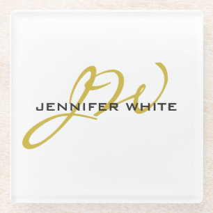 Posavasos De Vidrio Monograma Color dorado blanco Plata Minimalista mo