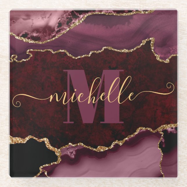 Posavasos De Vidrio Monograma de acidez de mármol rojo y Purpurina de  (Anverso)