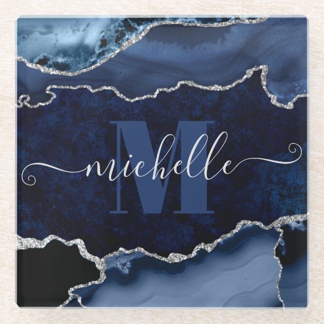 Posavasos De Vidrio Monograma de ácidos de mármol Purpurina azul y pla (Anverso)