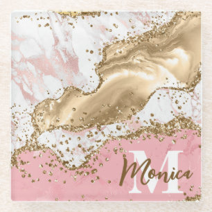 Posavasos De Vidrio Monograma de Ágata con Piedra Rosa y Blanca y Bril