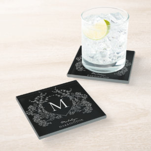 Posavasos De Vidrio Monograma de Escudo floral blanco y negro moderno