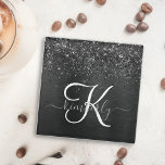 Posavasos De Vidrio Monograma de espuma de Purpurina negro personaliza<br><div class="desc">Personalice fácilmente este elegante diseño de montaña de vidrio de moda con purpurina brillante negro de bonito sobre un fondo metálico negro cepillado.</div>