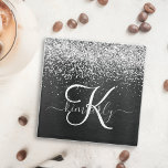 Posavasos De Vidrio Monograma de espuma negra Purpurina plateado perso<br><div class="desc">Personalice fácilmente este elegante diseño de montaña de vidrio de moda con purpurina brillante de plata de bonito sobre un fondo metálico negro cepillado.</div>