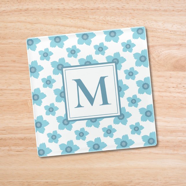 Posavasos De Vidrio Monograma de flores azules inicial (Subido por el creador)