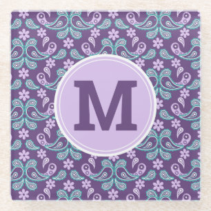 Posavasos De Vidrio Monograma de flores de estilo shabby chic morado y
