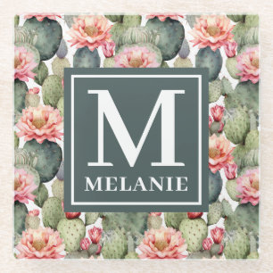 Posavasos De Vidrio Monograma de Flores rosas del patrón Cactus