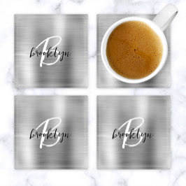 Posavasos De Vidrio Monograma de guión blanco negro de metal cepillado