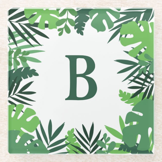 Posavasos De Vidrio Monograma de hojas de palma verdes florales (Anverso)